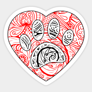 Floral Mandala Dog Paw Print Red Heart Sticker